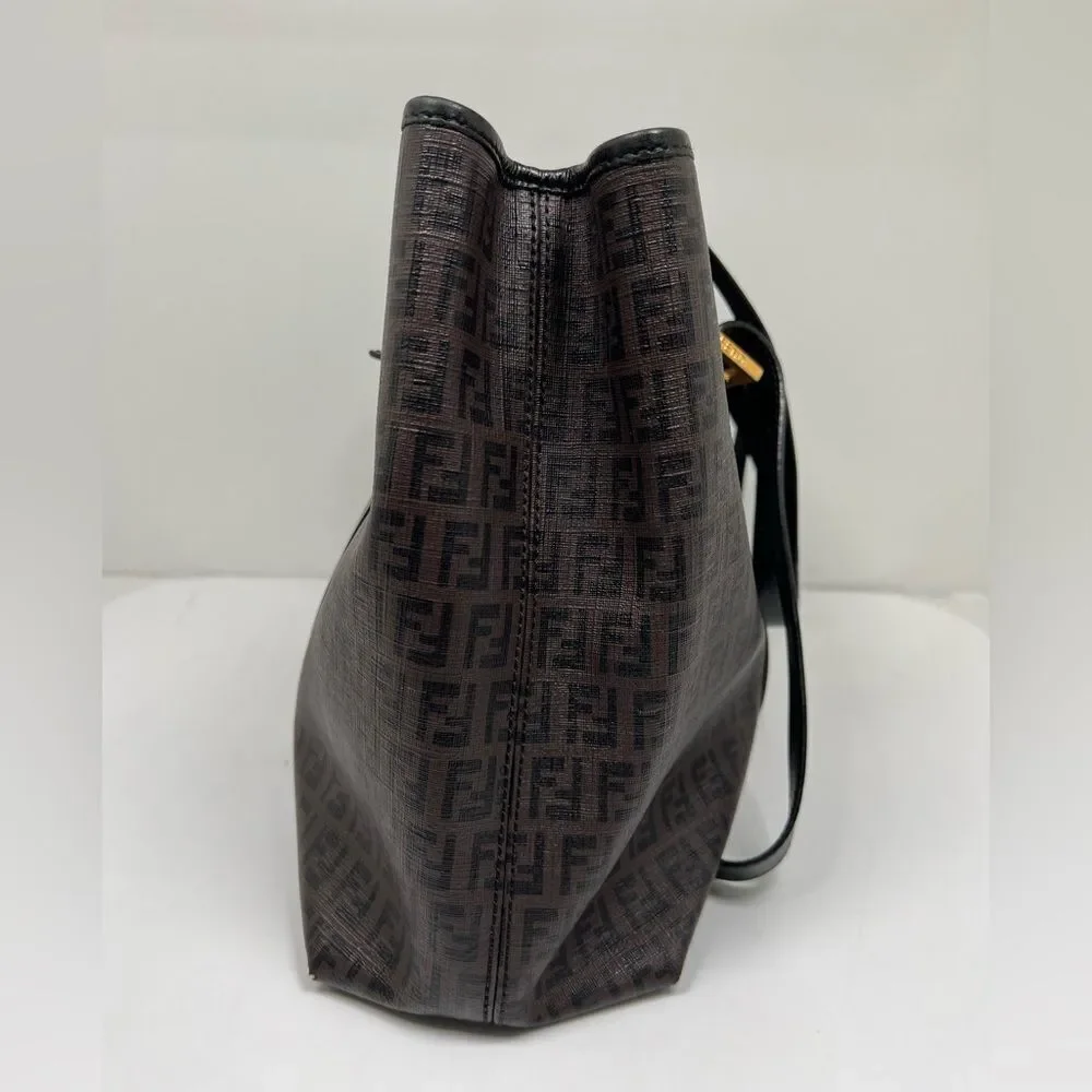 Auth FENDI Zucchino Tote Shoulder Bag Brown Black PVC Leather